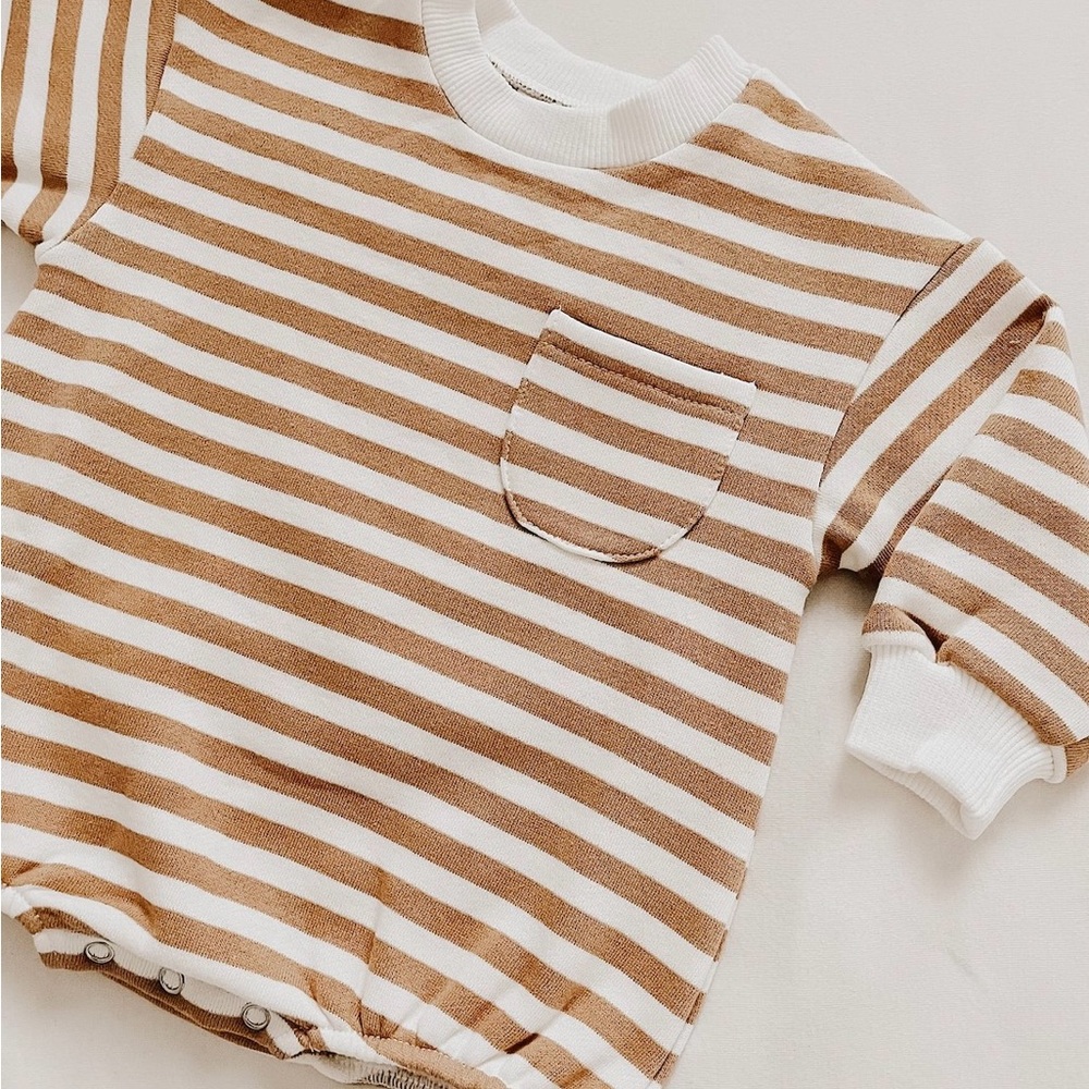 Tan and cream striped baby romper onesie sweatshirt
